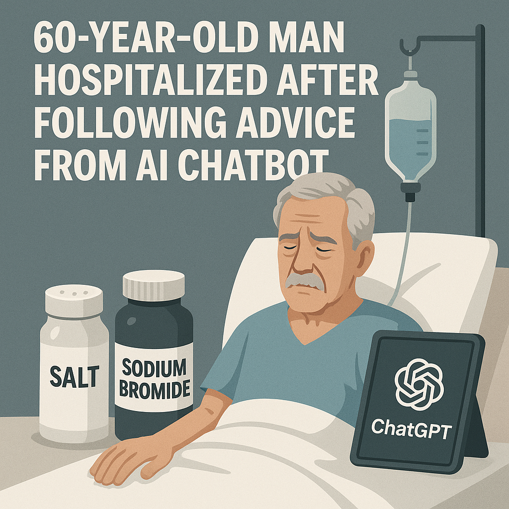man in hospital bed with text 60 year old man hospitalize after following chatgpt advice