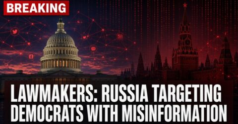 Breaking news graphic showing the U.S. Capitol dome and Kremlin towers with the headline: Lawmakers: Russia targeting Democrats with misinformation