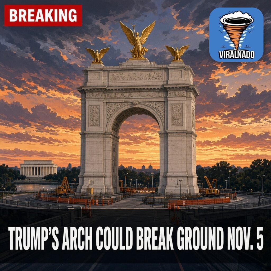 Illustration of Trump's proposed triumphal arch in Washington with a BREAKING label