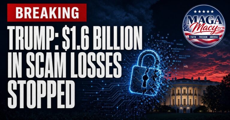 Breaking news graphic: Trump: $1.6 billion in scam losses stopped, with a shattered padlock and the White House at dusk
